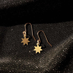  A pair of gold star-shaped earrings with a dark glittery background.