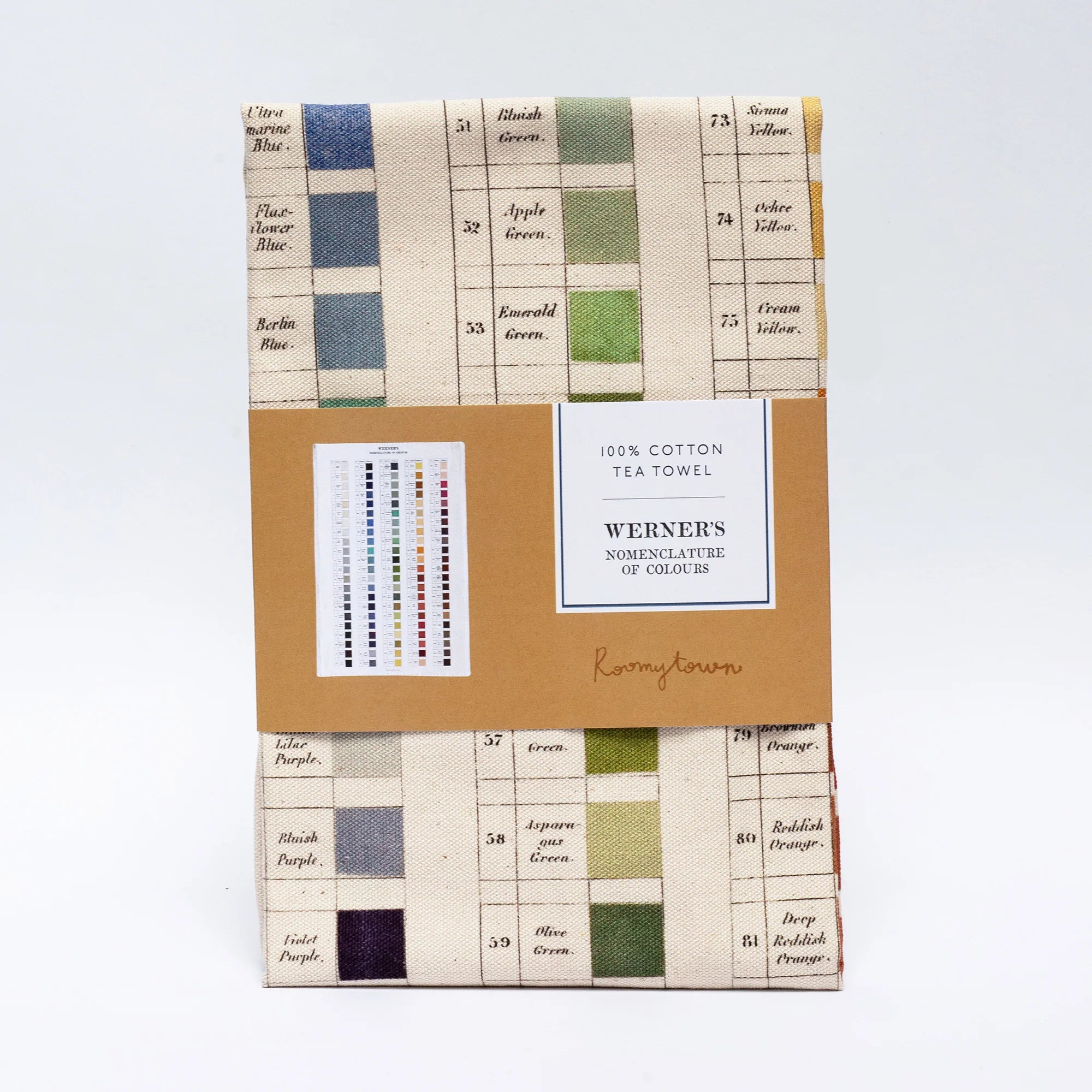 Tea towel featuring a grid of watercolour swatches in various colours. 