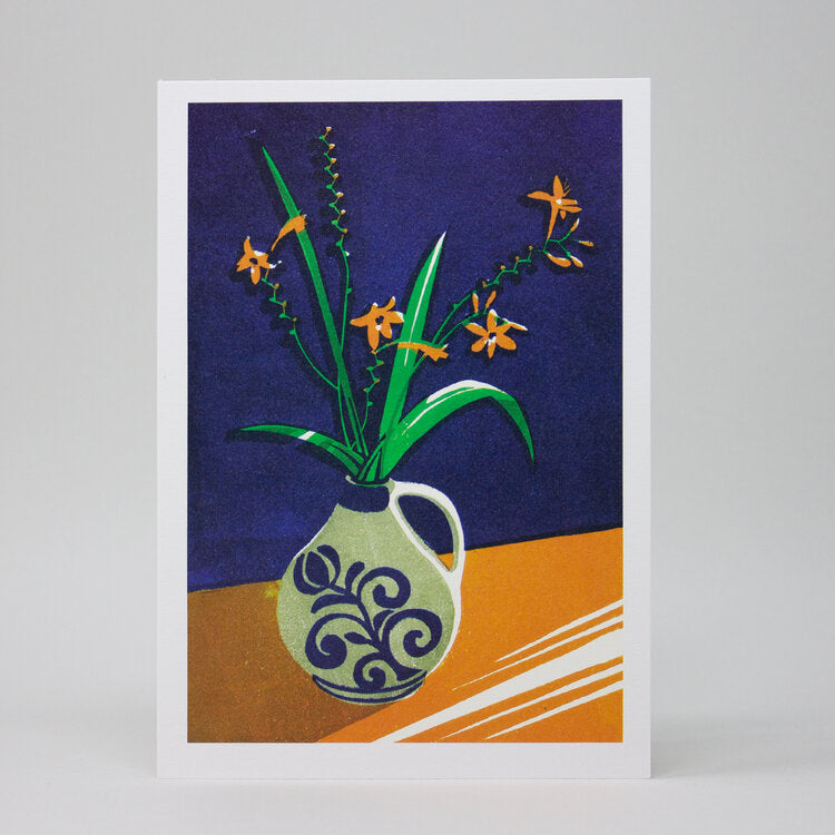 Card featuring Crocosmia plant in floral vase