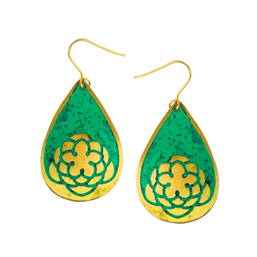 Teardrop-shaped earrings with green and gold design on a white background