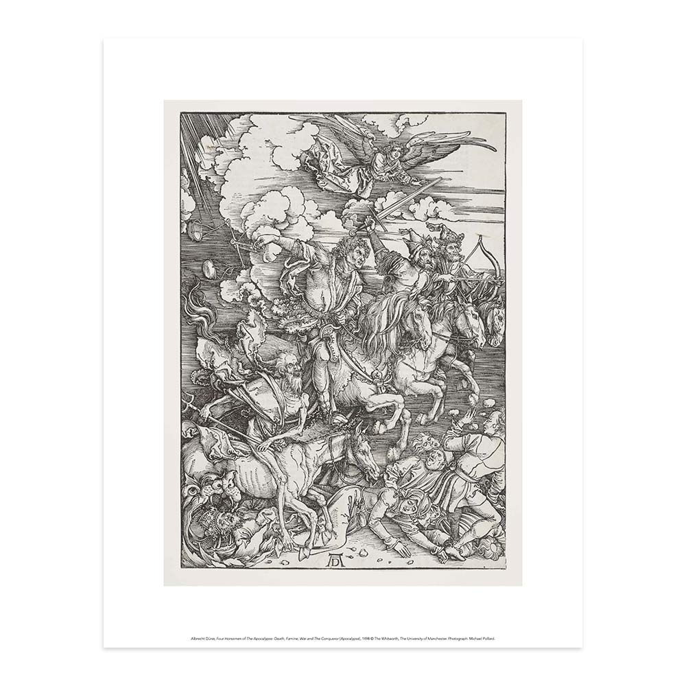 A printed reproduction of Durer's Four Horsemen of the Apocolypse. A drawing featuring a battle with people on horses.