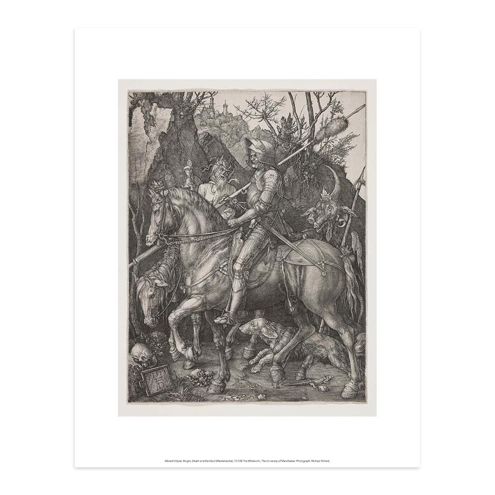 Print of Durer's Knight Death and the Devil drawing. A knight on a horse surrounded by trees, figures and animals.