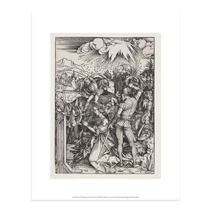 Printed reproduction of Durer's Martyrdom of Saint Catherine - a drawing depicting Saint Catherine surrounded by other figures in a busy landscape