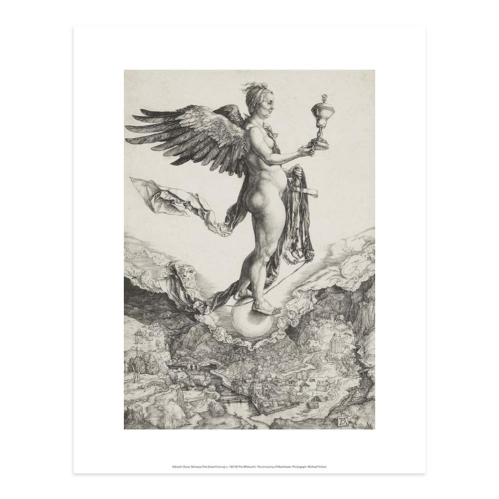 Print of Durer's Nemesis. An godess figure at the centre carrying a goblet and a cross - drawing,