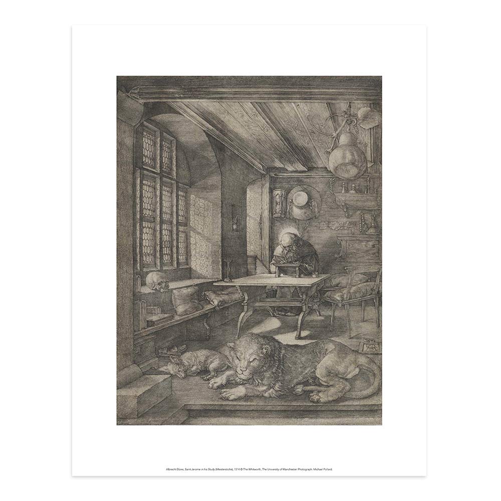 A printed reproduction of Durer's St Jerome in his Study - a drawing of a saint sat at a table in a church study