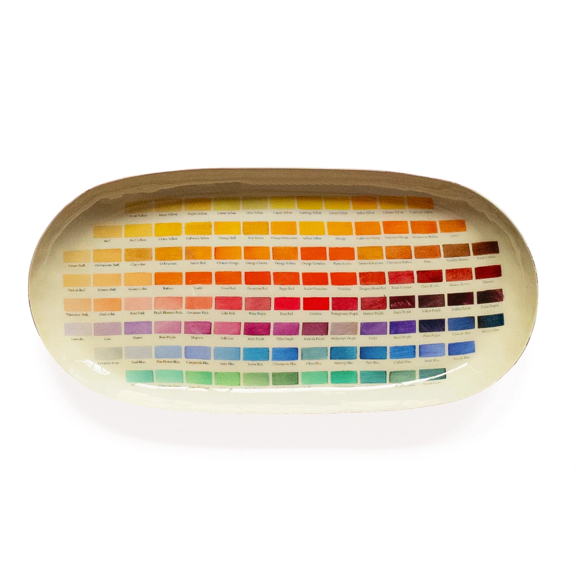 An oval-shaped enamel tray featuring a colour chart with various shades of red, orange, yellow, green, blue, and purple. The names of each colour are printed below the corresponding swatch.