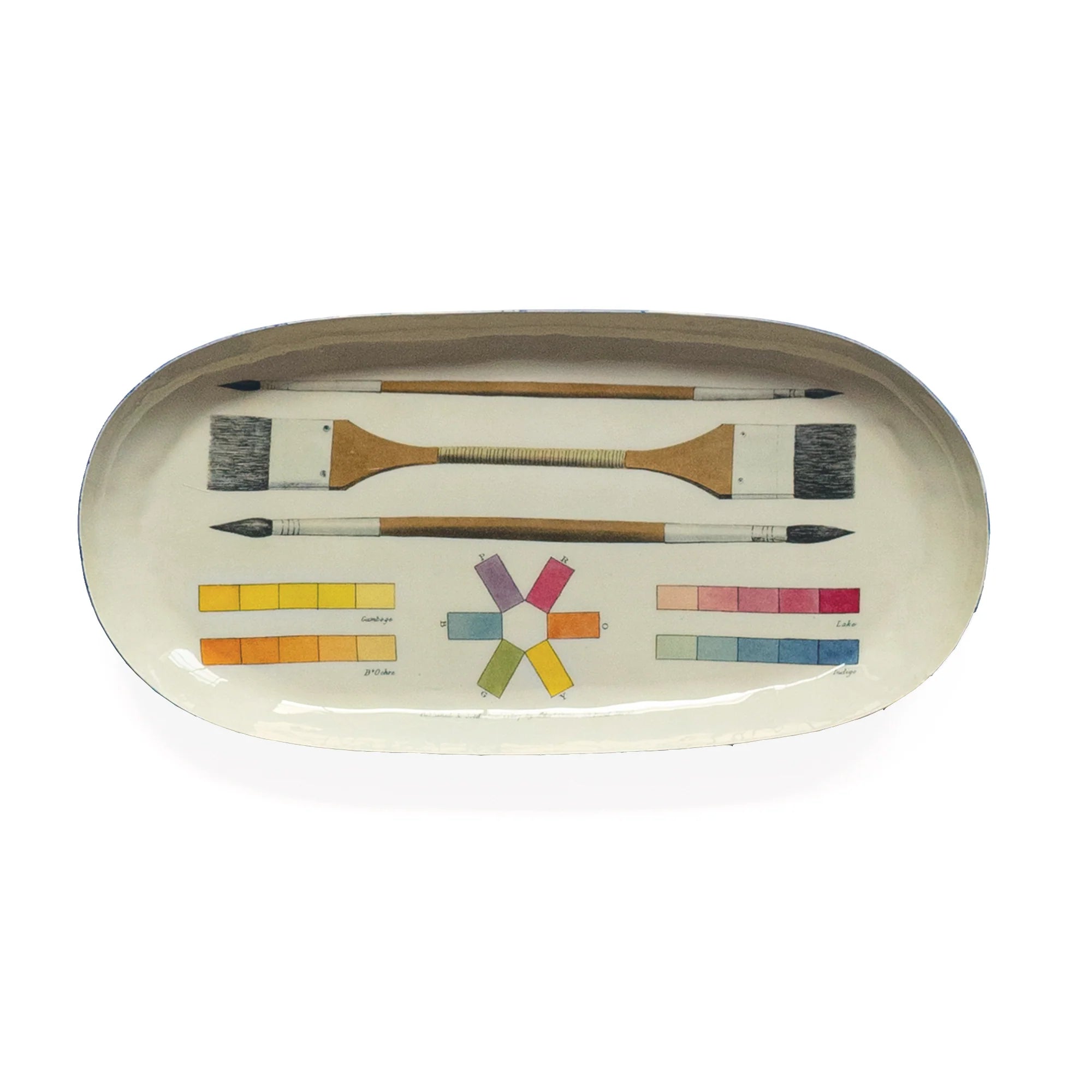 An oval-shaped enamel tray featuring a colour chart with various shades of red, orange, yellow, green, blue, and purple. The names of each colour are printed below the corresponding swatch.