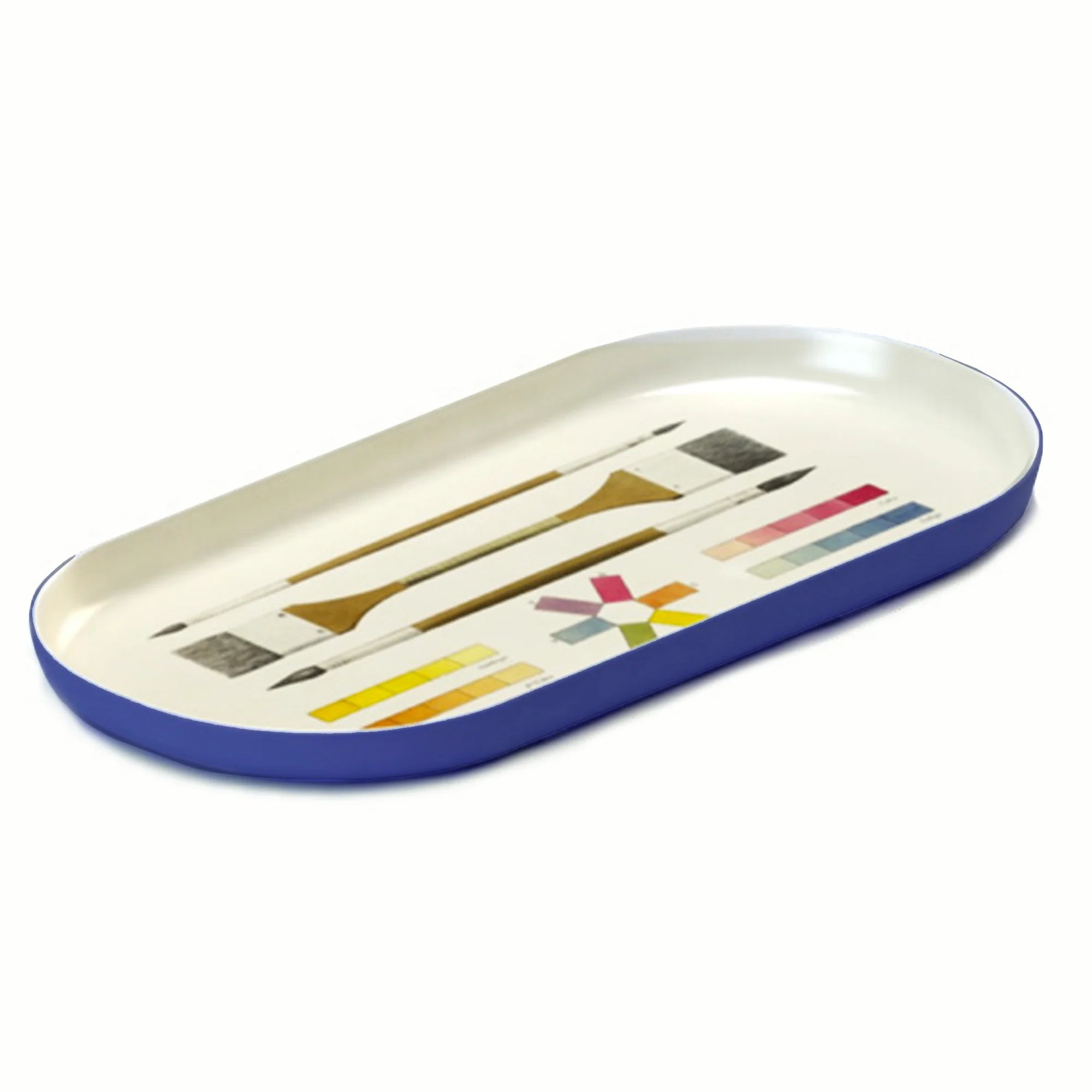 An oval-shaped enamel tray featuring a colour chart with various shades of red, orange, yellow, green, blue, and purple. The names of each colour are printed below the corresponding swatch. The underneath of the tray is painted an electric blue colour.