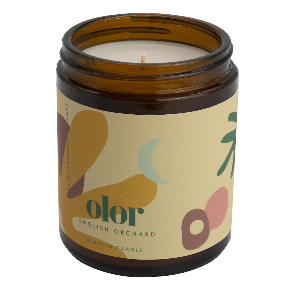 Candle in Jar with Olor yellow branding. White Background