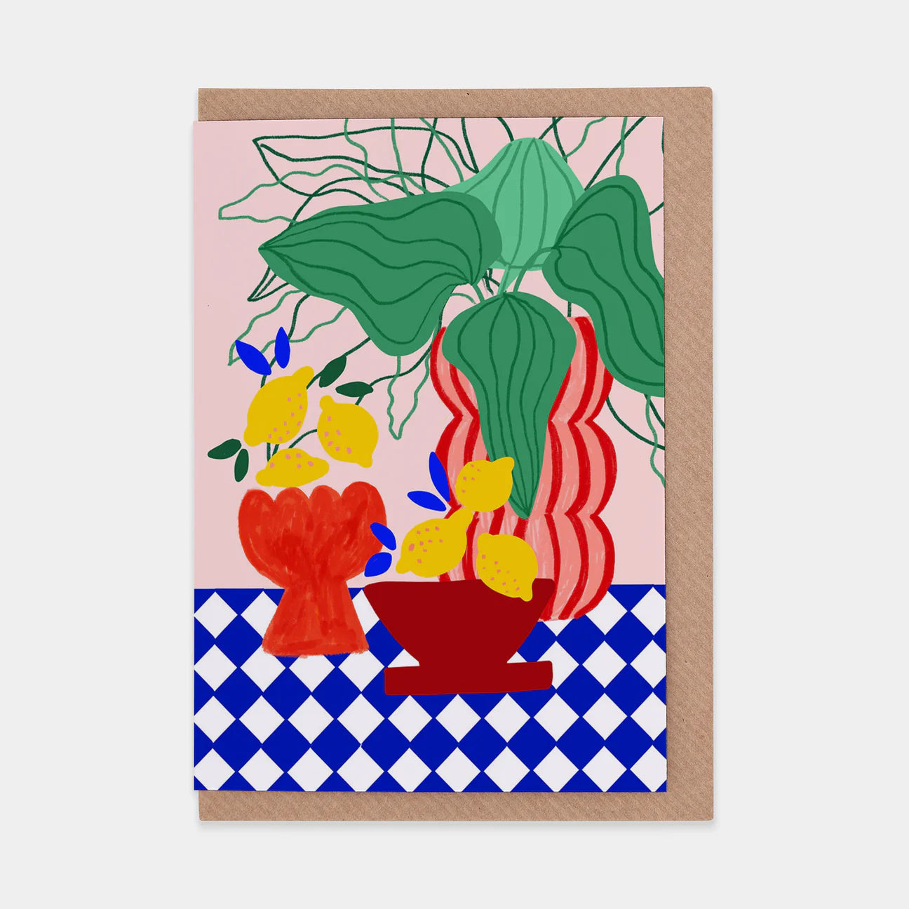 Greetings card with a colourful illustration of a plant on top of a chequered surface