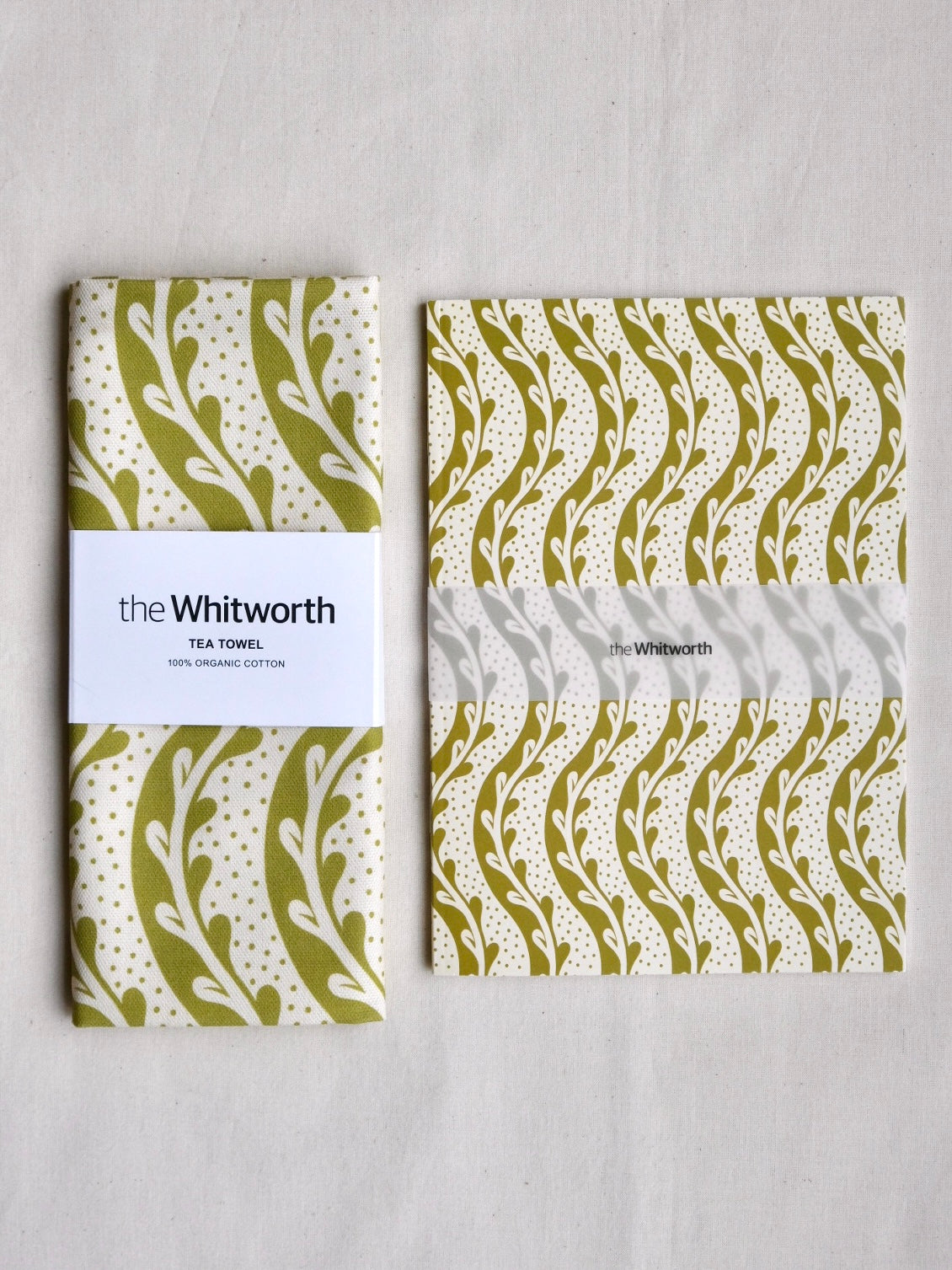 Two green and white patterned products with 'the Whitworth' branding on a light grey background.