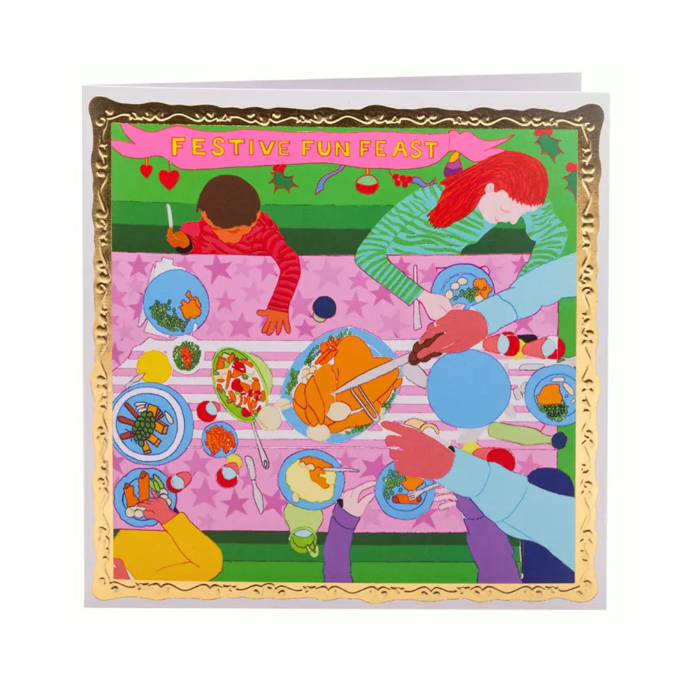 Colourful greeting card with children around a table, eating and playing, titled 'Festive Fun Feast'.
