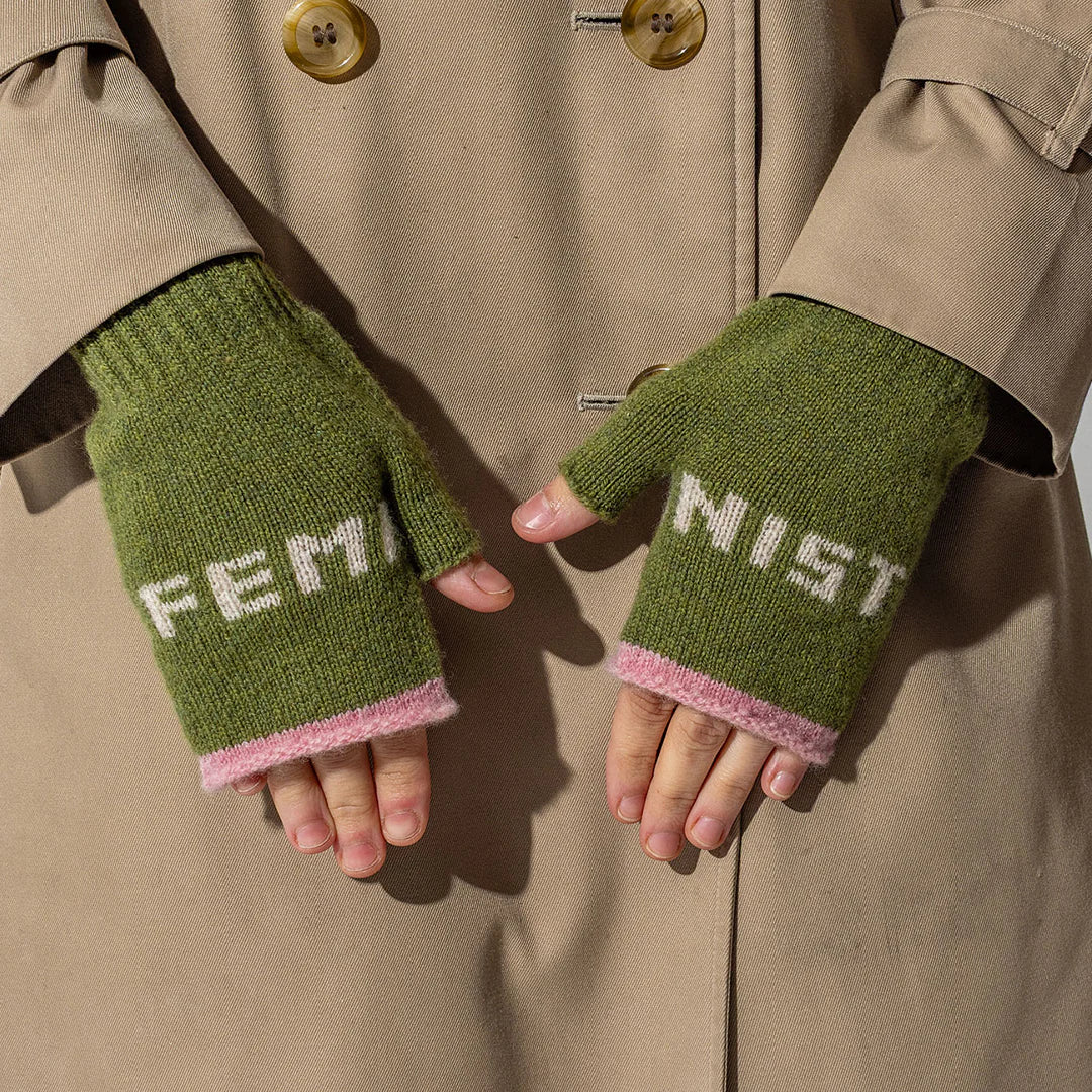 Feminist Fingerless Mittens - Black and Beech