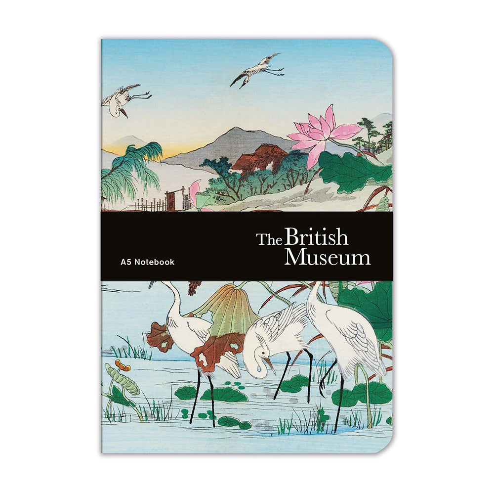 Notebook featuring a Japanese woodblock artist of herons in front of a landscape. With branded belly band with British Museum's logo.
