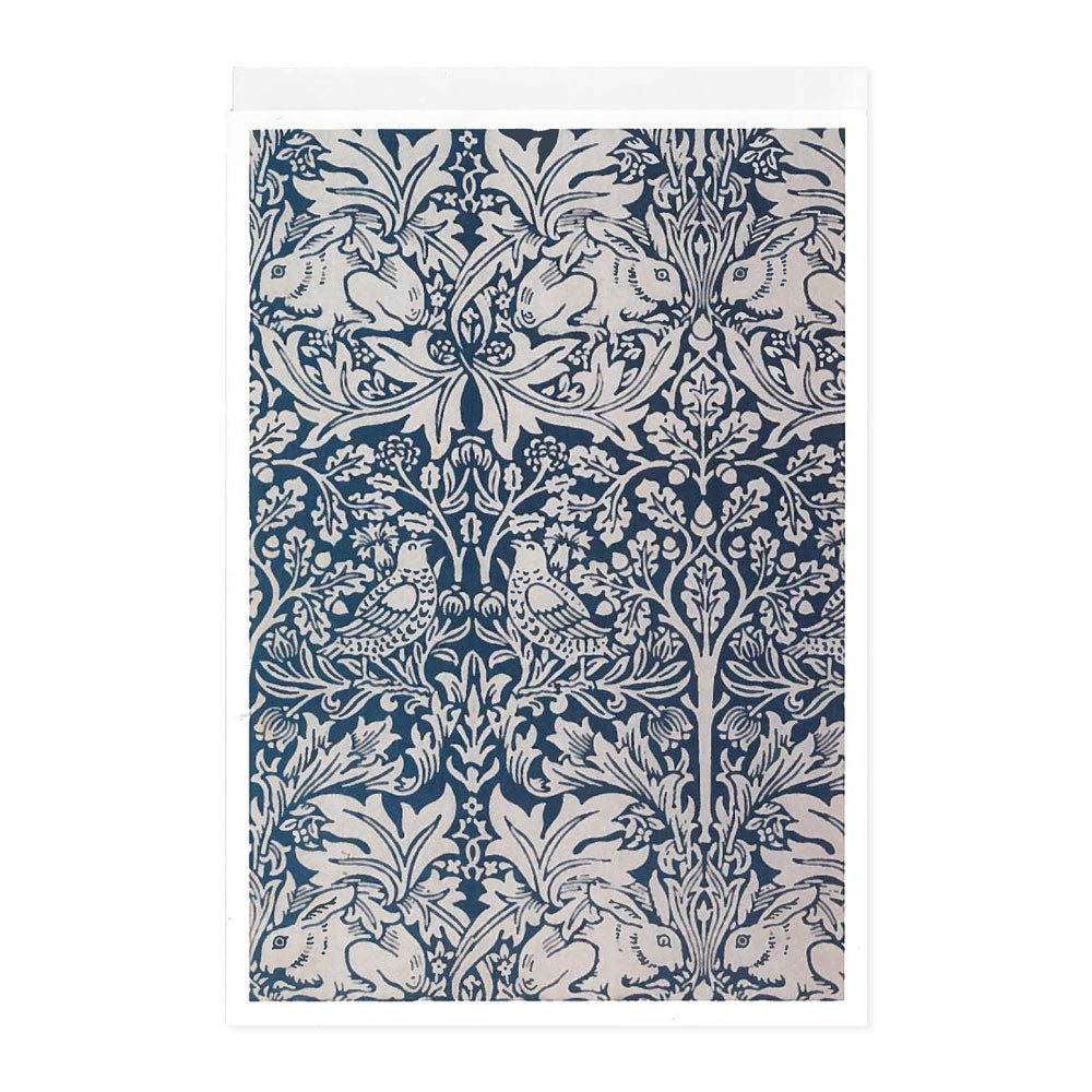 William Morris greetings card with white envelope. Featuring William Morris Brer Rabbit blue design