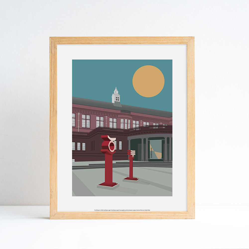 Digital drawing of The Whitworth gallery's front entrance. Placed in an ash frame in front of a white backdrop.