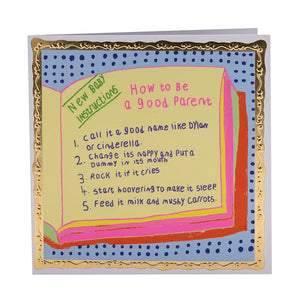 Cream card against a white background. Card has a humorous list titled How to be a Good Parent - New Baby Instructions.
