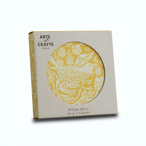 Packaging of a set of 2 coasters with a yellow and white William Morris design, featuring the Arts & Crafts Society branding.