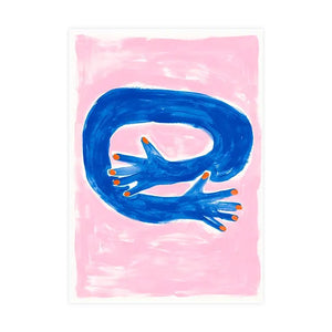 A risograph print against a white background. The print has an illustrated feel. The background is pink and there's an illustration of a arm hugging.