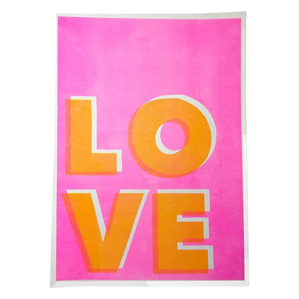 Risograph print with pink background and LOVE in bold orange letters.