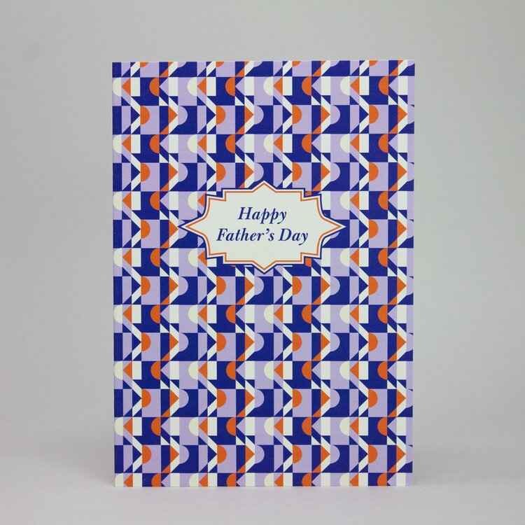 Card with a blue and orange pattern and Happy Father's Day written at the centre