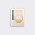 A framed print featuring an abstract geometric design. The image includes a half-circle in gold, a rectangle in silver, and a white background.