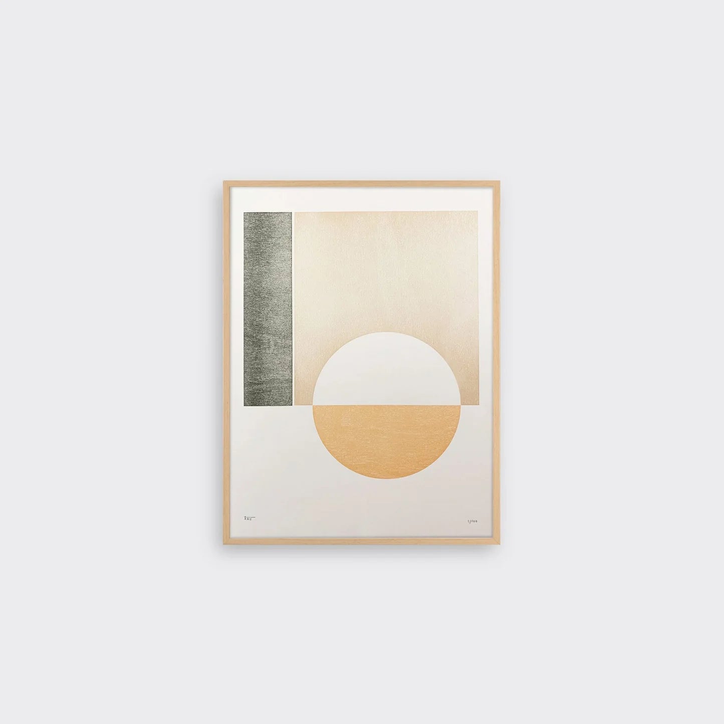 A framed print featuring an abstract geometric design. The image includes a half-circle in gold, a rectangle in silver, and a white background.