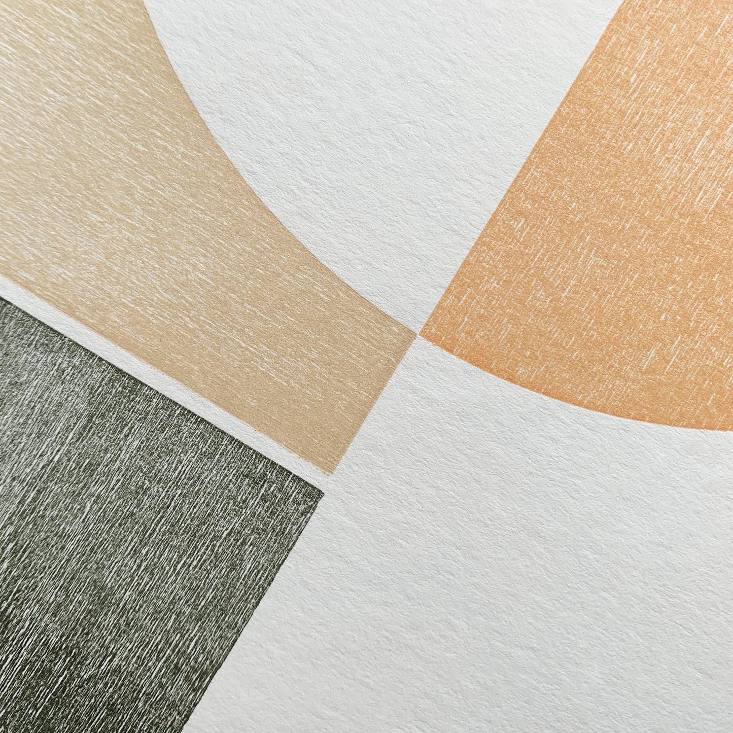 A close-up image of a textured abstract print. The image features overlapping shapes in shades of beige, orange, and grey, with visible brushstrokes and a rough surface texture.