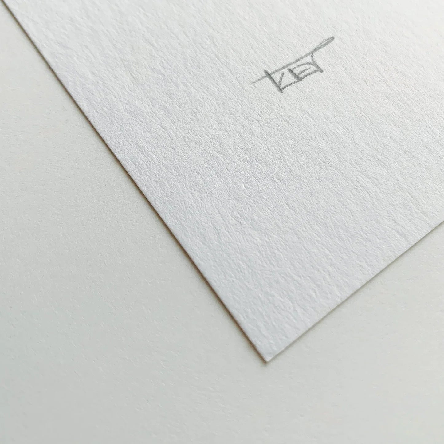 A close-up image of the bottom right corner of a paper print. A small, handwritten signature is visible in the corner.