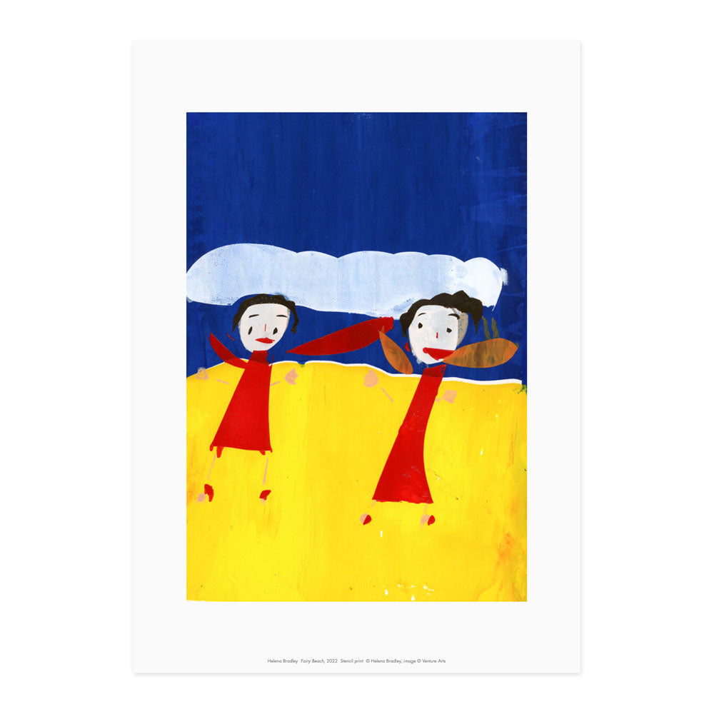 Reproduction of an artwork by Helena Bradley by Helena Bradley featuring two fairies on a beach.
