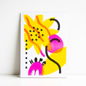 Abstract art print with a yellow flower, pink shapes, and the word 'Hope' on a white background.