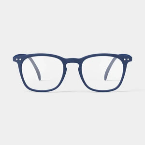 Navy blue reading glasses against a white background.