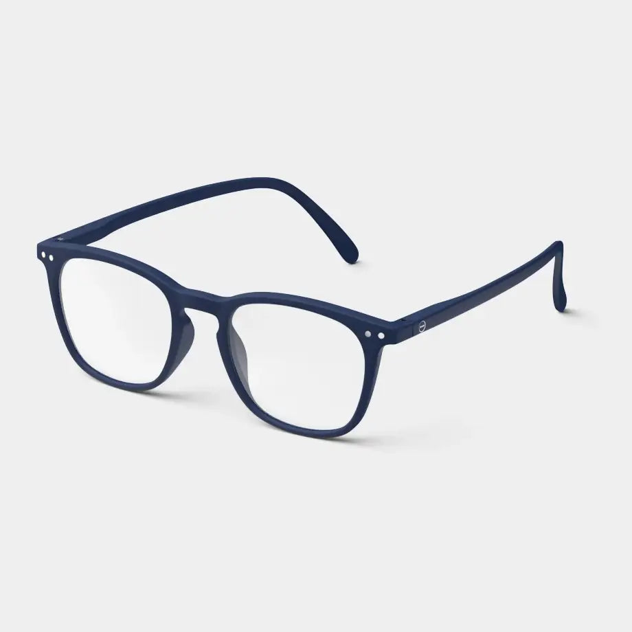 Navy blue reading glasses against a white background.