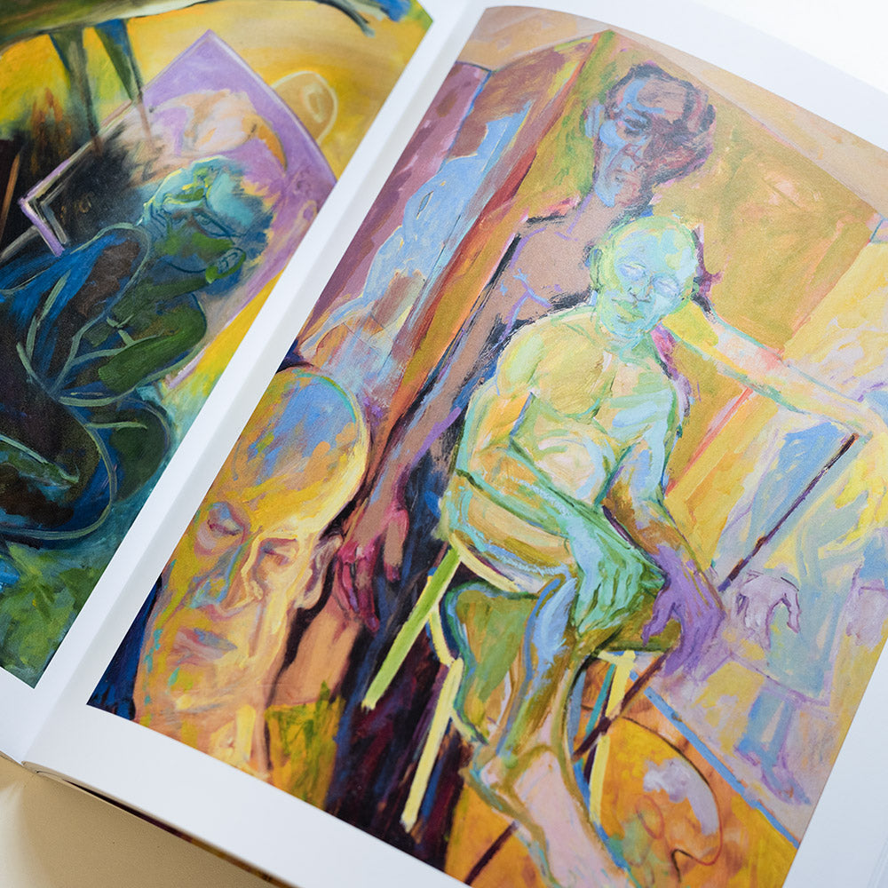 Inside page of exhibition catalogue featuring a painting of a man on a stool by John Lyons