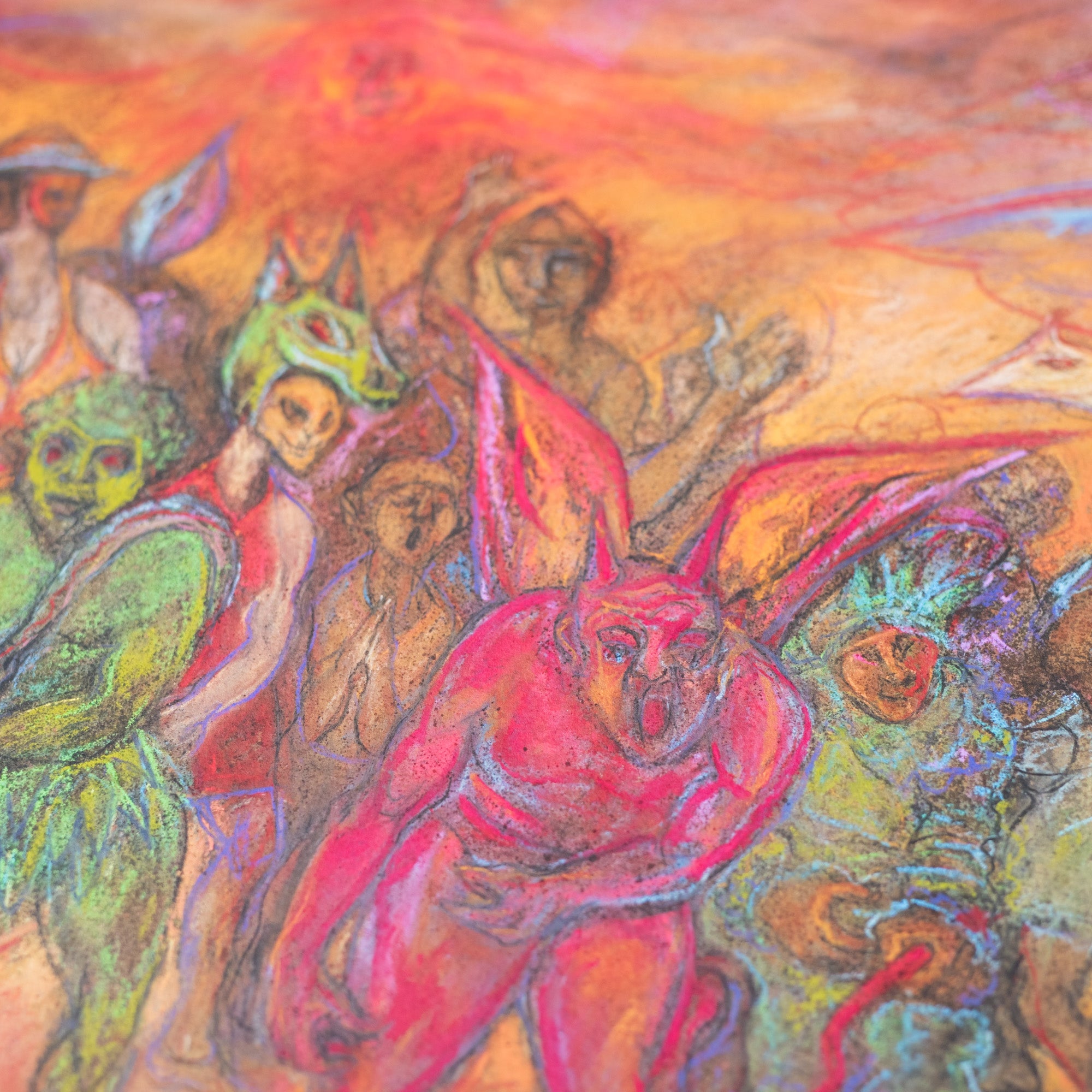 Close up of a painting by John Lyons featuring figures wearing masks and dancing