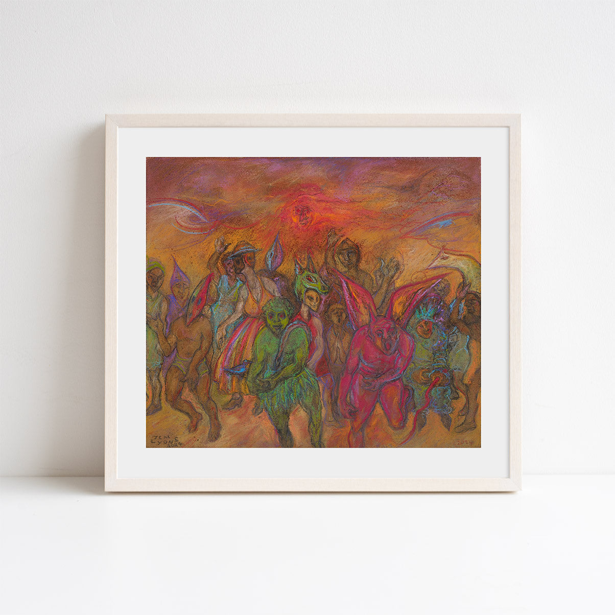 Print reproduction of a red, orange and green painting by John Lyons, featuring a group of figures wearing masks and dancing. Placed inside an ash frame