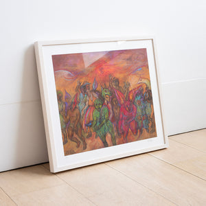 Print reproduction of a red, orange and green painting by John Lyons, featuring a group of figures wearing masks and dancing. Placed inside an ash frame.