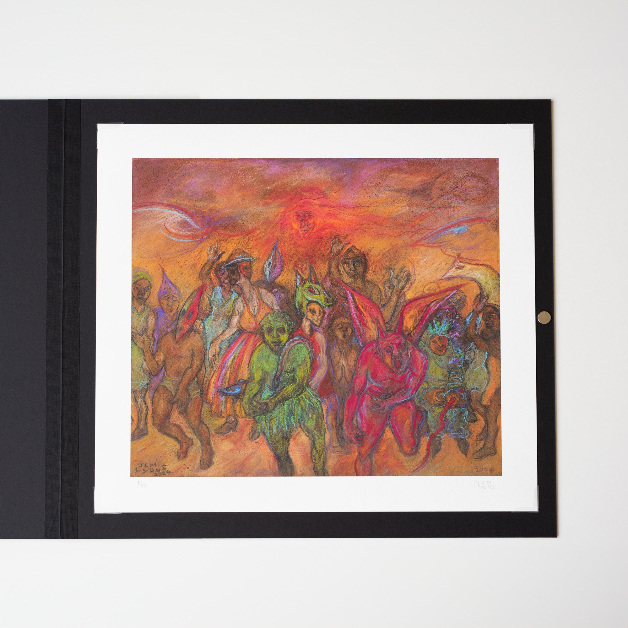 Print reproduction of a red, orange and green painting by John Lyons, featuring a group of figures wearing masks and dancing. Placed inside a black portfolio case with a silver magnet fastening.