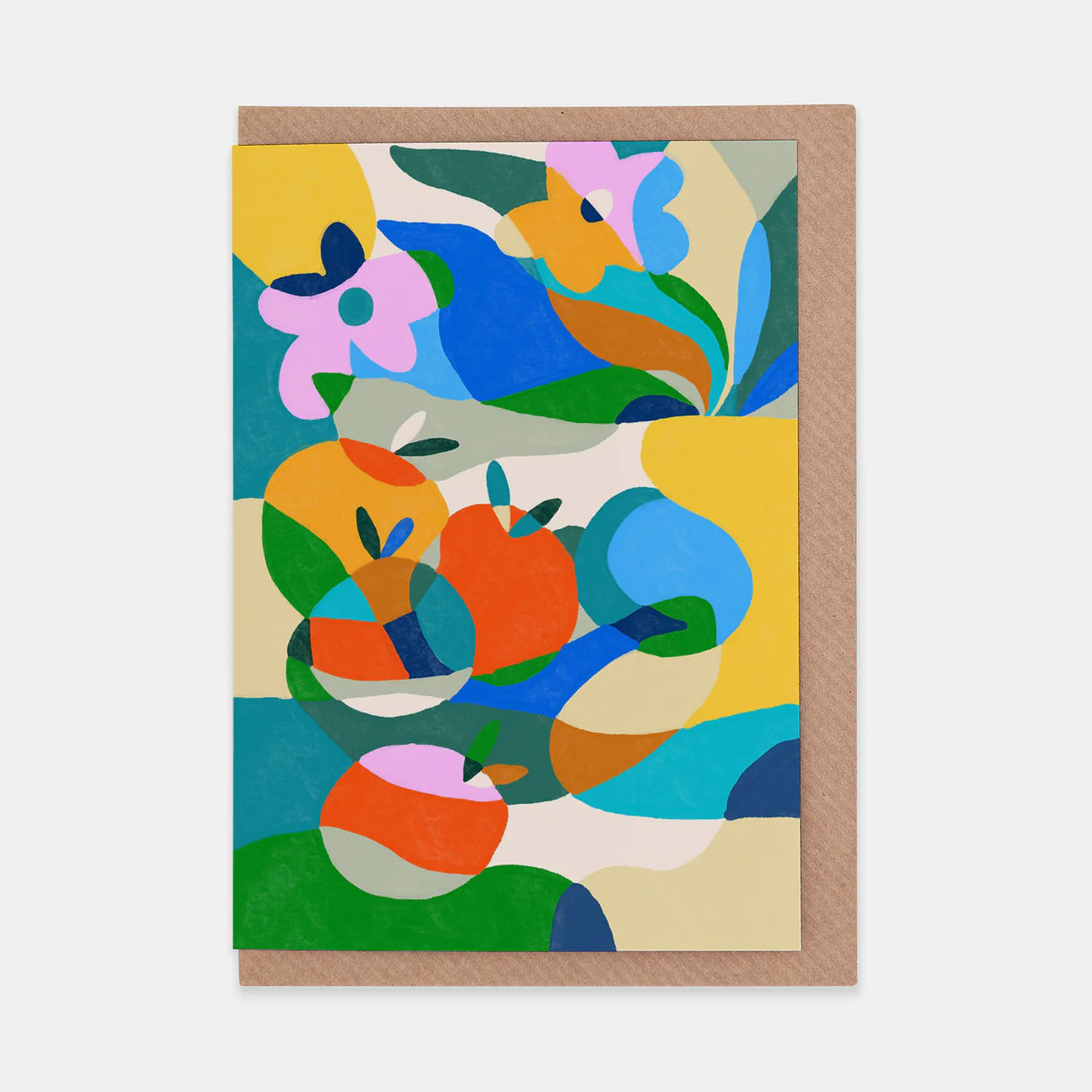 A greetings card with a brown envelope featuring a bold, colourful and abstract design of fruit and flowers.
