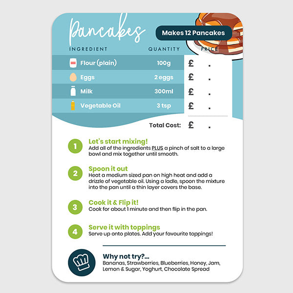 A junior baker flascard featuring recipe for pancakes