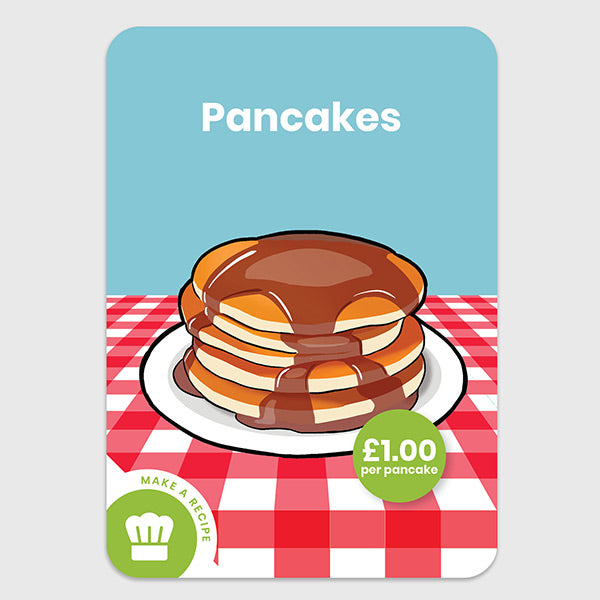 A junior baker flashcard featuring an illustration of pancakes