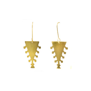 Triangular-shaped gold earrings in front of a white background.