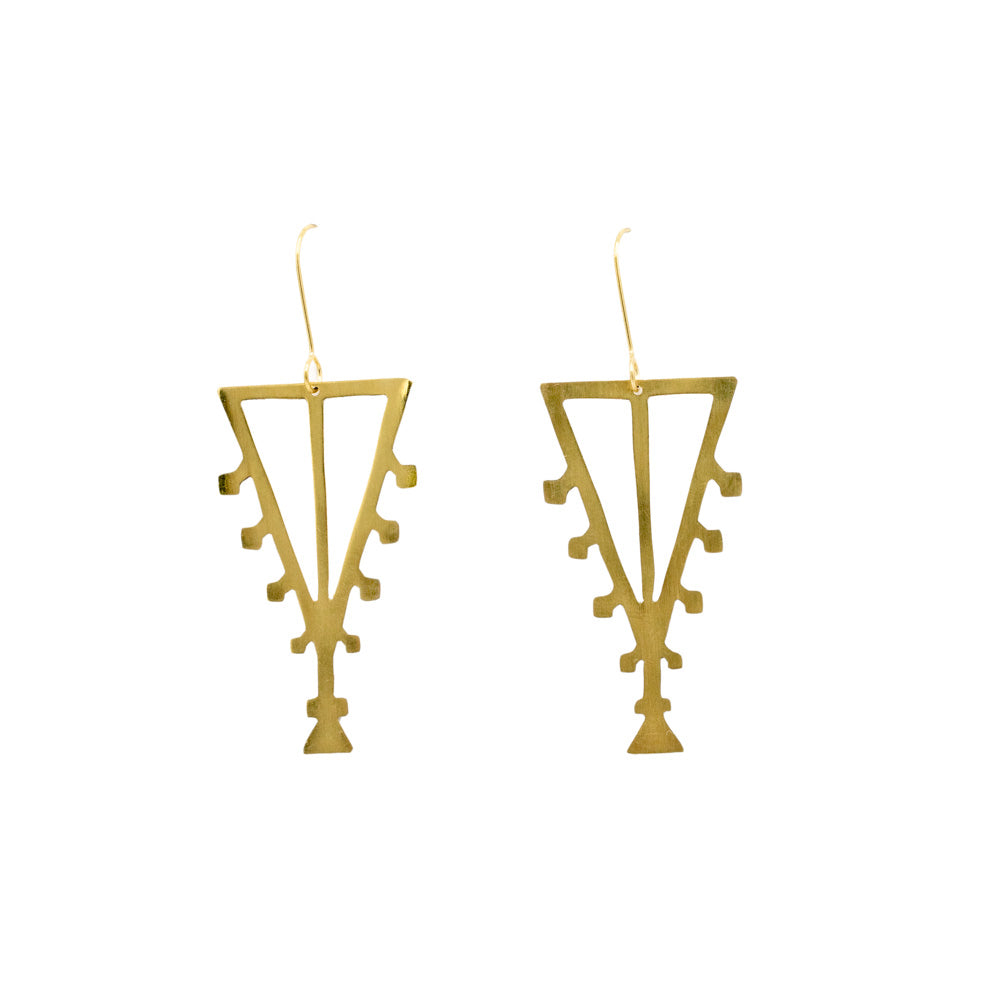 Gold brass earrings in the shape of a triangle with hook fastening - white background.