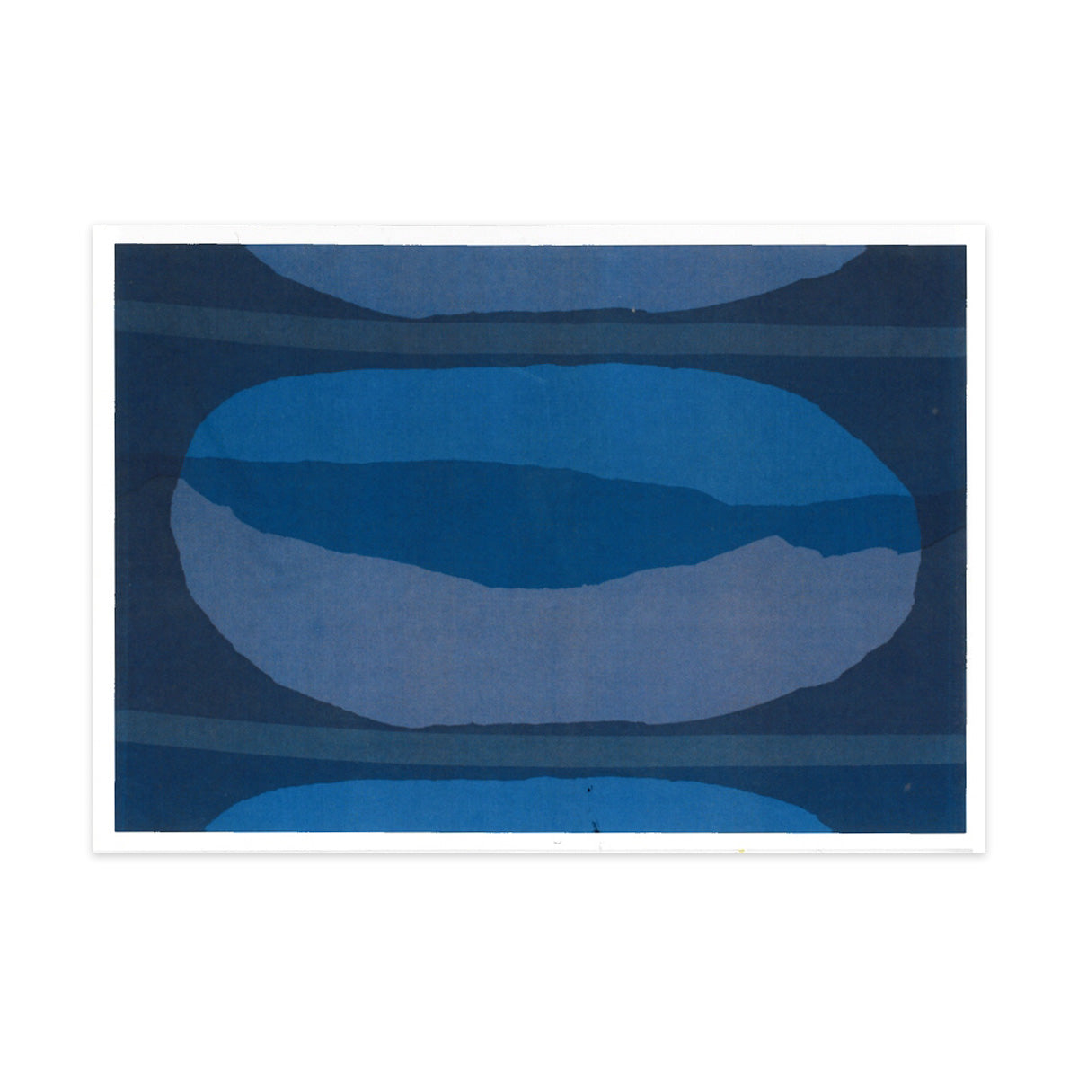 Landscape greetings card featuring Shirley Craven blue abstract Kaplan textile design.