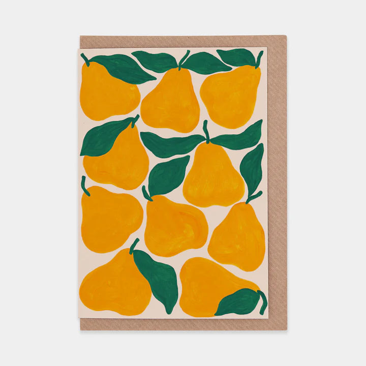 Greetings card featuring illustrative design of multiple yellow pairs. Brown envelope.