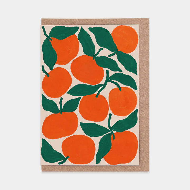 greetings card featuring illustrative design of multiple tangerines. Brown envelope.