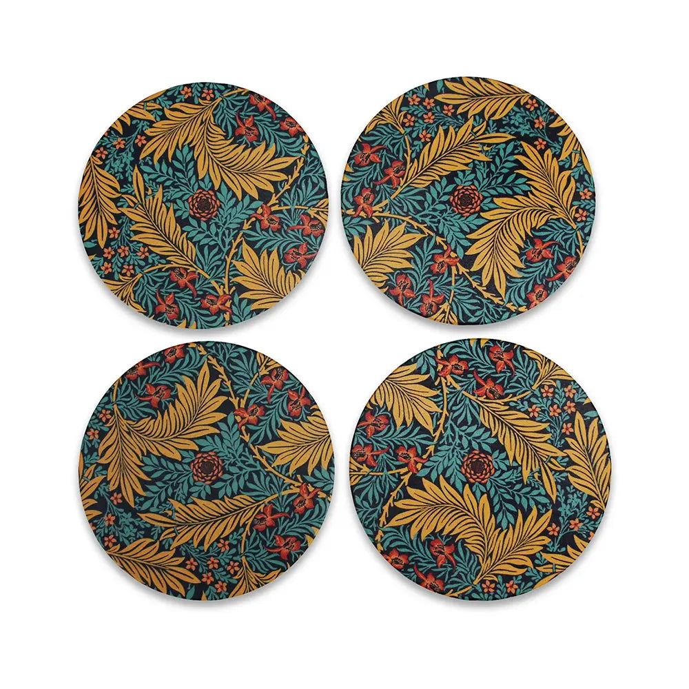 Set of four round coasters with a William Morris pattern on a white background