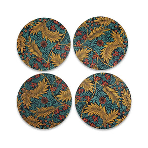 Set of four round coasters with a William Morris pattern on a white background