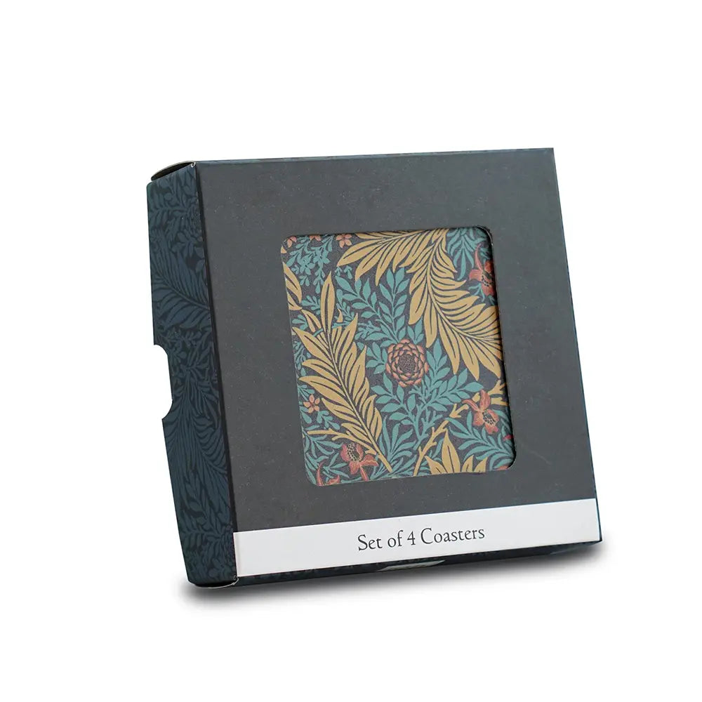 Set of 4 coasters in a decorative box with a William Morris design.