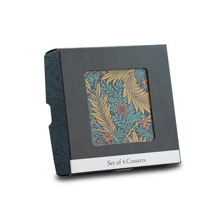 Set of 4 coasters in a decorative box with a William Morris design.